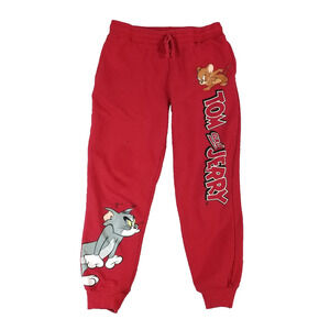Tom and Jerry sweatpants lounge pants women's large red Pockets fleece flawed